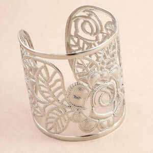 Silver Cuff Leaf Bangle Bracelet Wide Cuff Leaves Boho Floral Flower Floral Prin